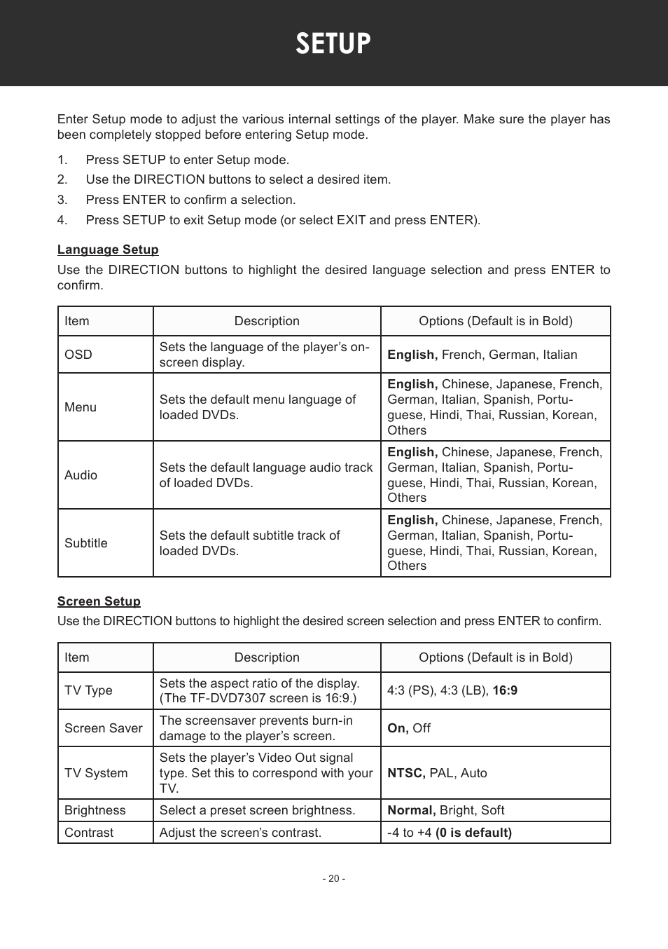 Setup, Language setup, Screen setup | COBY electronic TF-DVD7307 User Manual | Page 20 / 24