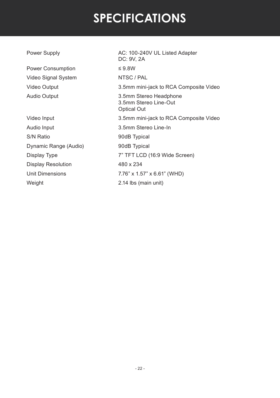 Specifications | COBY electronic TF-DVD7307 User Manual | Page 22 / 24