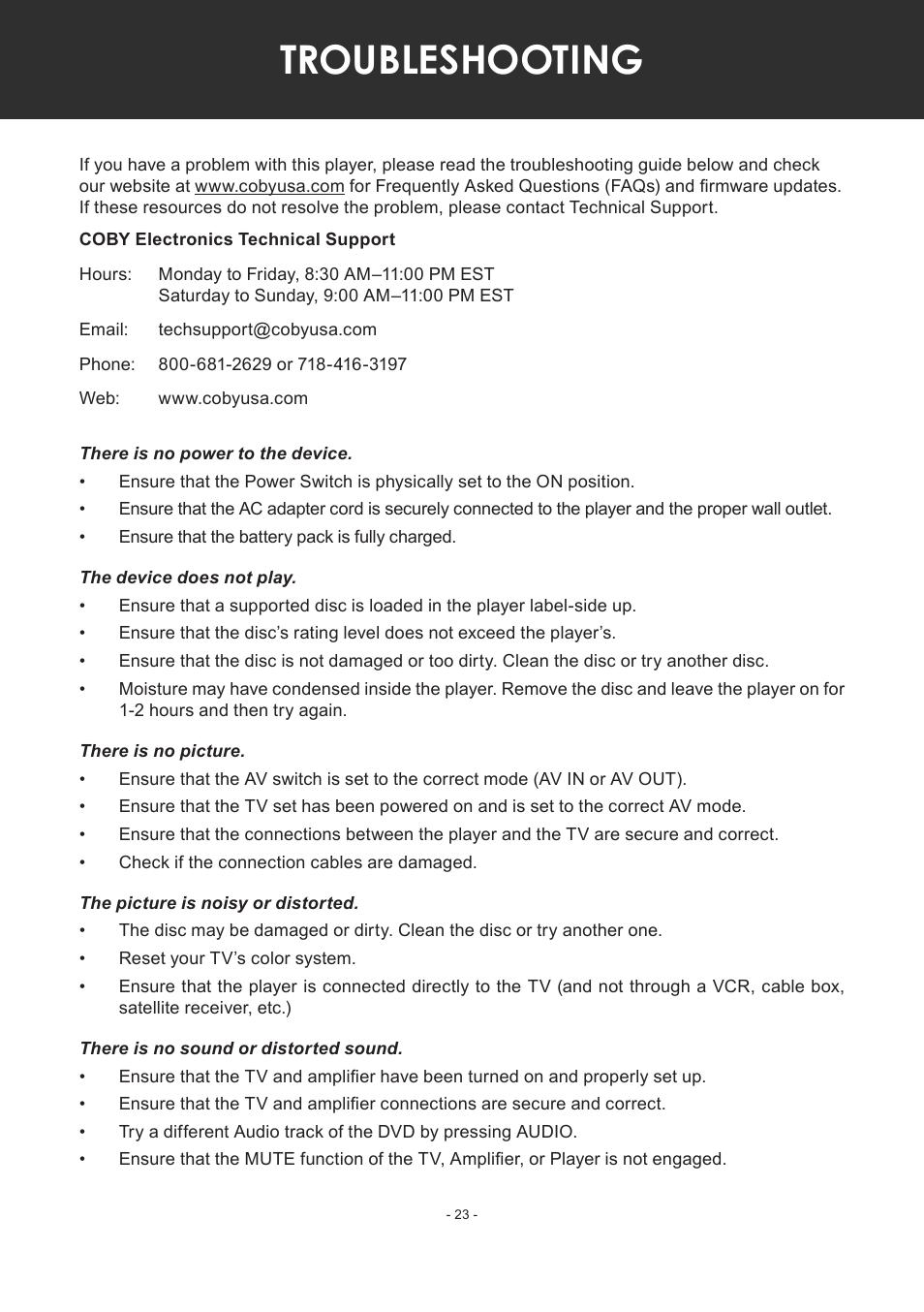 Troubleshooting | COBY electronic TF-DVD7307 User Manual | Page 23 / 24