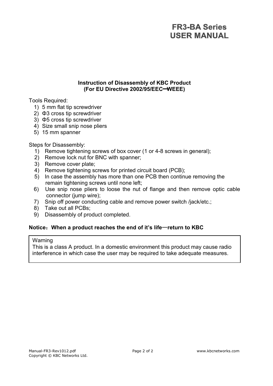 KBC Networks FR3 User Manual | Page 2 / 2