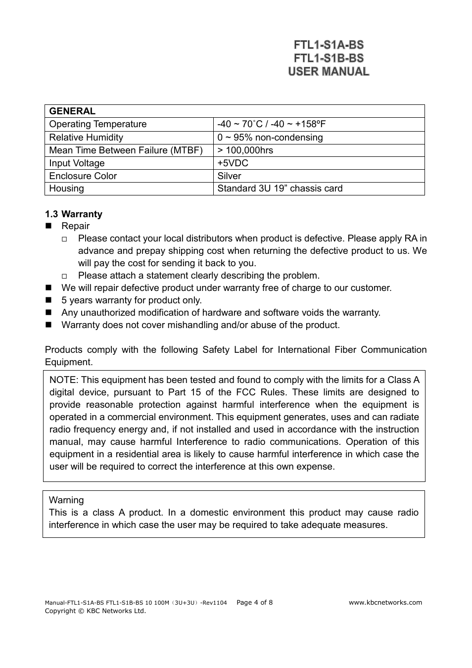 KBC Networks FTL1-S1A-B-BS User Manual | Page 4 / 8