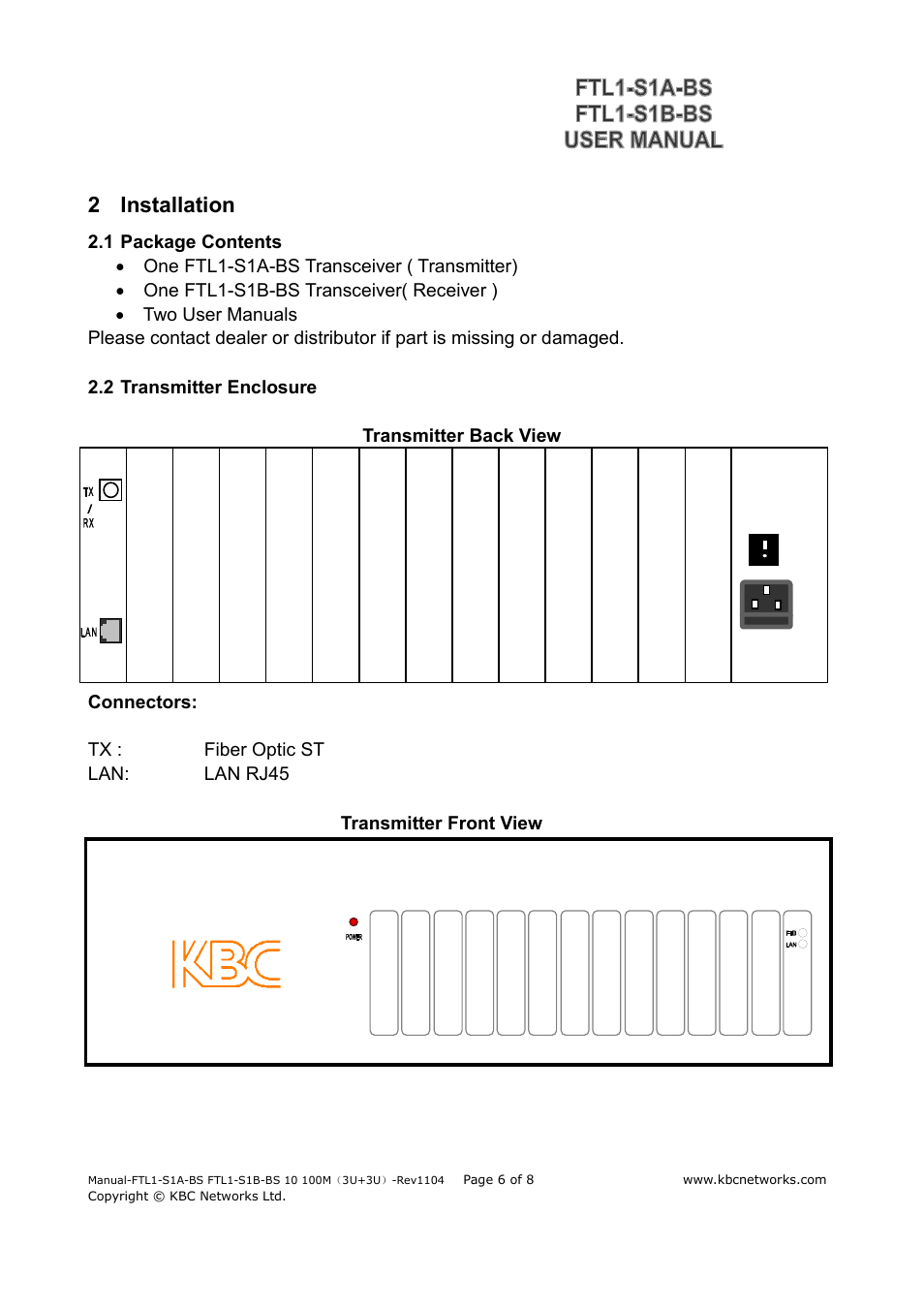 2 installation | KBC Networks FTL1-S1A-B-BS User Manual | Page 6 / 8