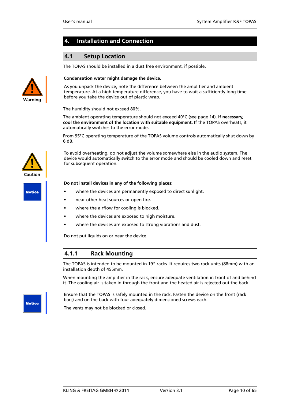 Installation and connection, Setup location, Rack mounting | Installation and connection 4.1 setup location, 1 rack mounting | KLING & FREITAG K&F TOPAS User Manual | Page 10 / 65