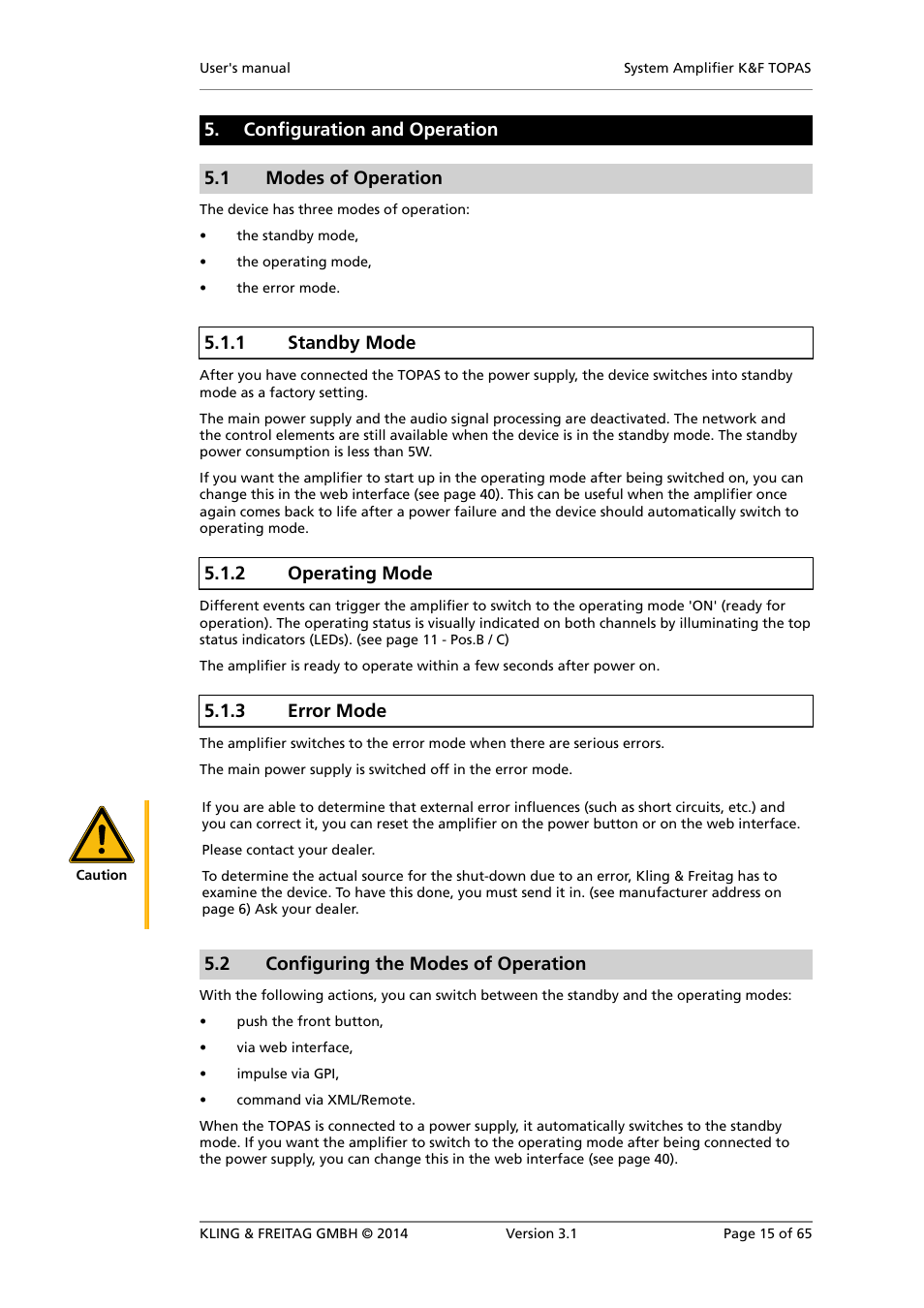 Configuration and operation, Modes of operation, Standby mode | Operating mode, Error mode, Configuring the modes of operation, Configuration and operation 5.1 modes of operation, 1 standby mode, 2 operating mode, 3 error mode | KLING & FREITAG K&F TOPAS User Manual | Page 15 / 65