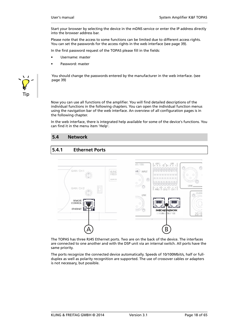 Network, Ethernet ports, 4 network 5.4.1 ethernet ports | KLING & FREITAG K&F TOPAS User Manual | Page 18 / 65