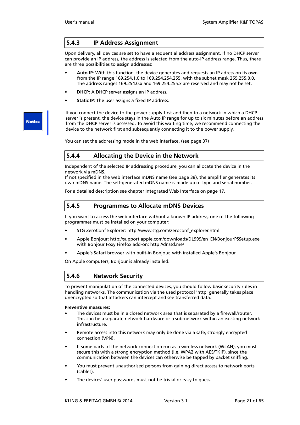 Allocating the device in the network, Programmes to allocate mdns devices, Network security | Audio functions, 3 ip address assignment, 4 allocating the device in the network, 5 programmes to allocate mdns devices, 6 network security | KLING & FREITAG K&F TOPAS User Manual | Page 21 / 65