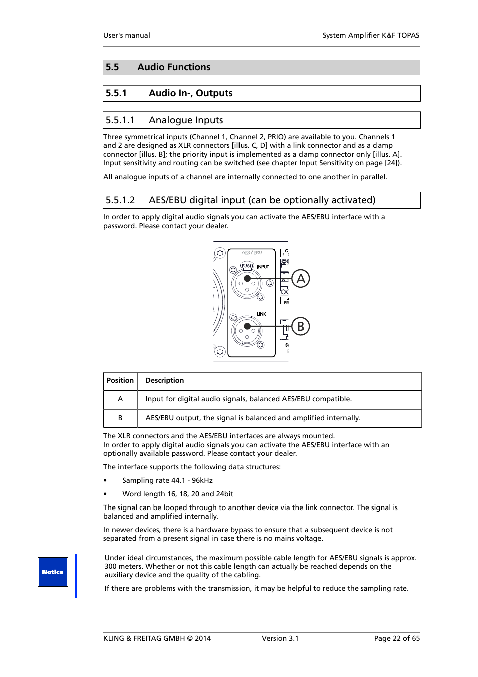 Audio in-, outputs, Analogue inputs, Connecting speakers | KLING & FREITAG K&F TOPAS User Manual | Page 22 / 65