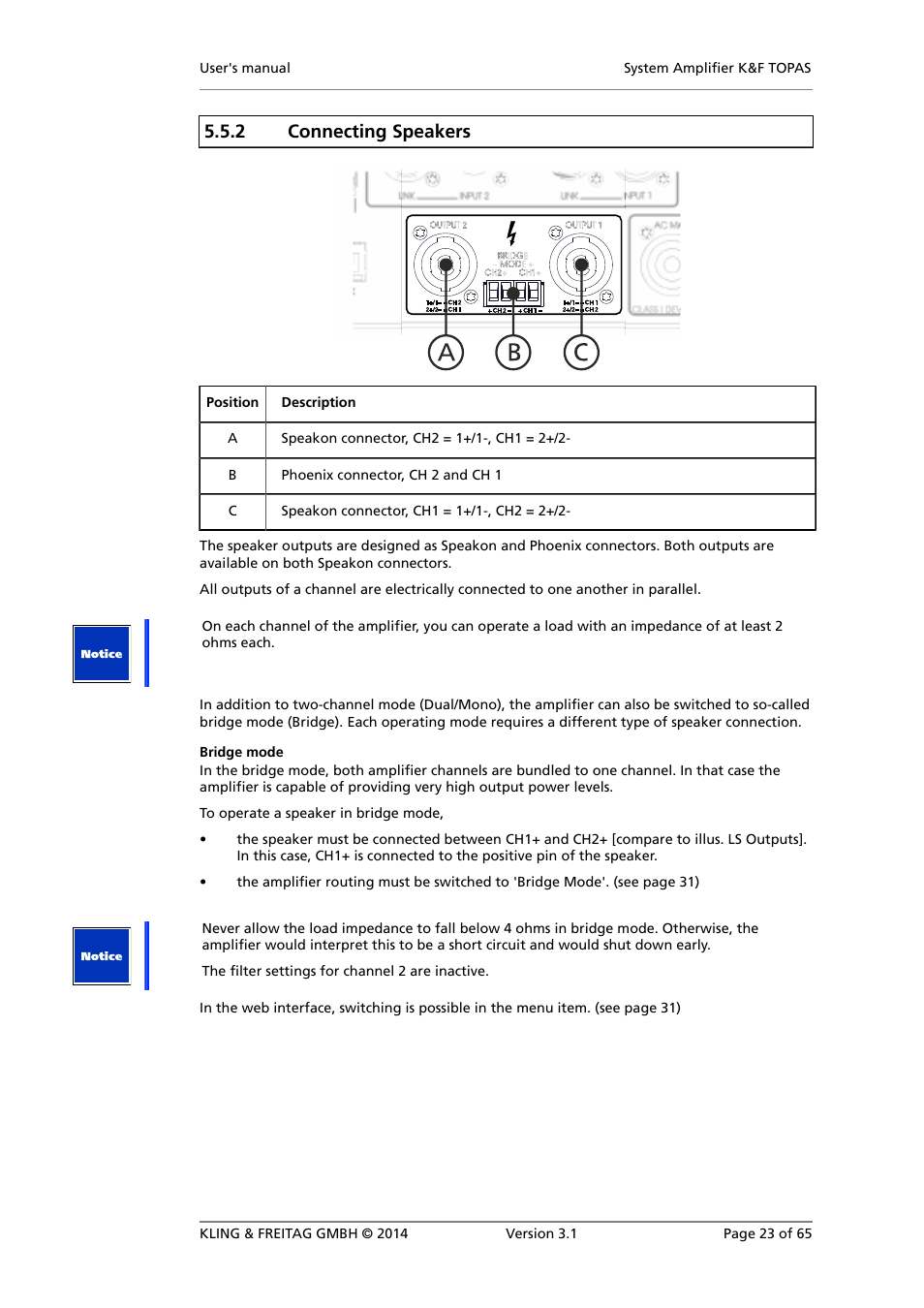 Input signal processing, 2 connecting speakers | KLING & FREITAG K&F TOPAS User Manual | Page 23 / 65