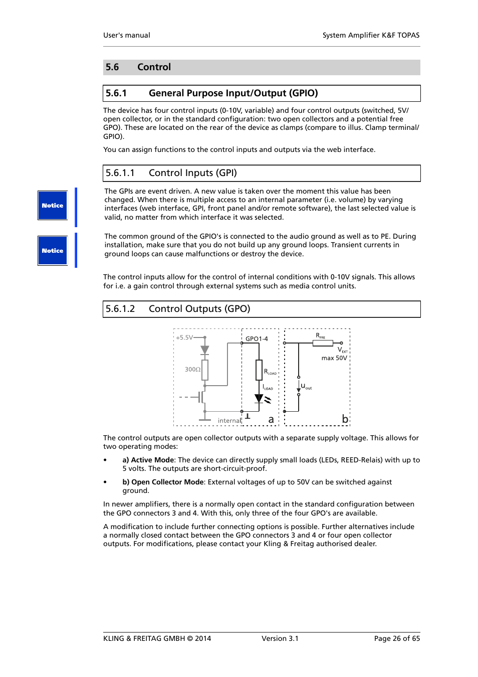 Control, General purpose input/output (gpio), Control inputs (gpi) | Control outputs (gpo) | KLING & FREITAG K&F TOPAS User Manual | Page 26 / 65