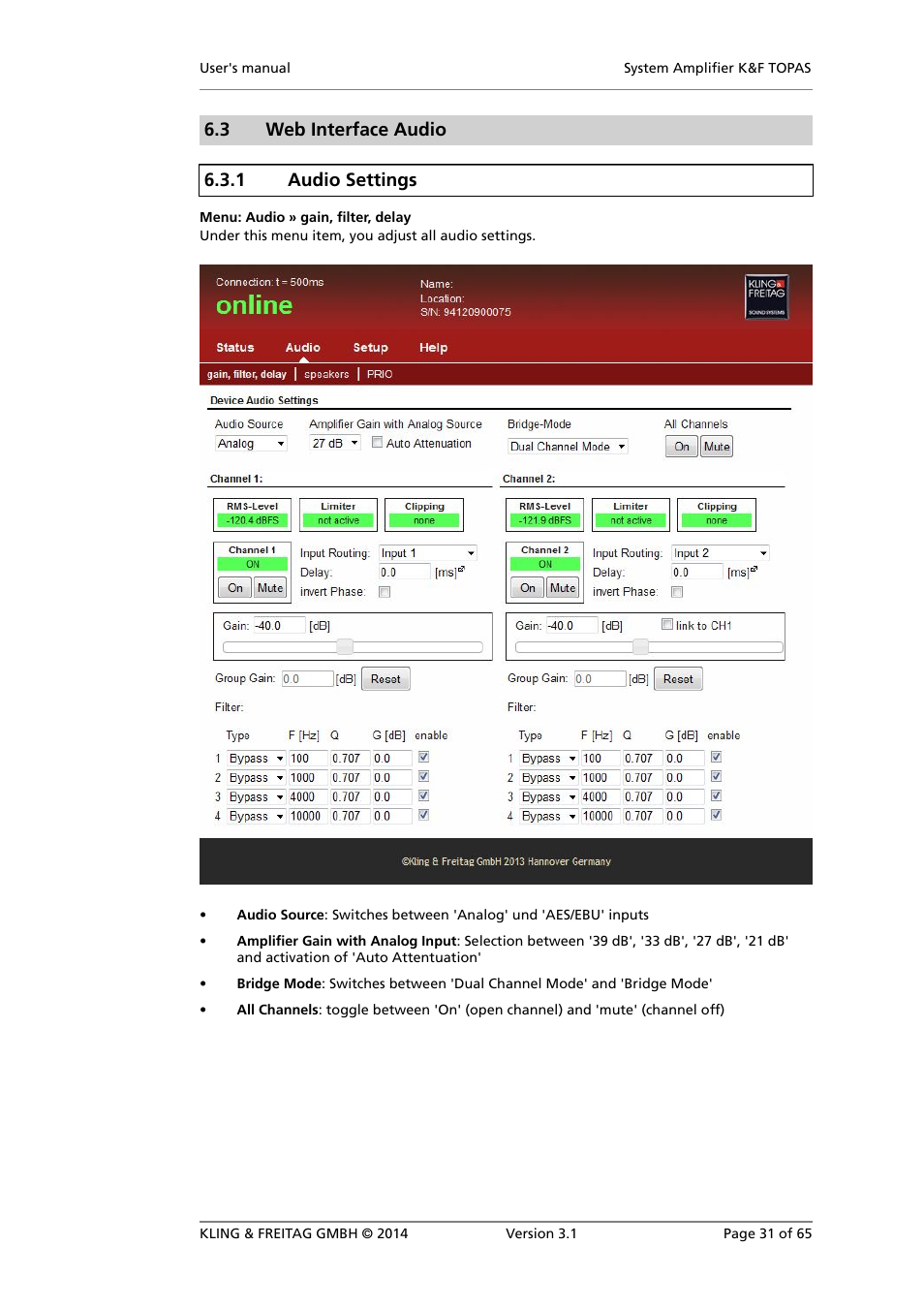 Web interface audio, Audio settings, 3 web interface audio 6.3.1 audio settings | KLING & FREITAG K&F TOPAS User Manual | Page 31 / 65