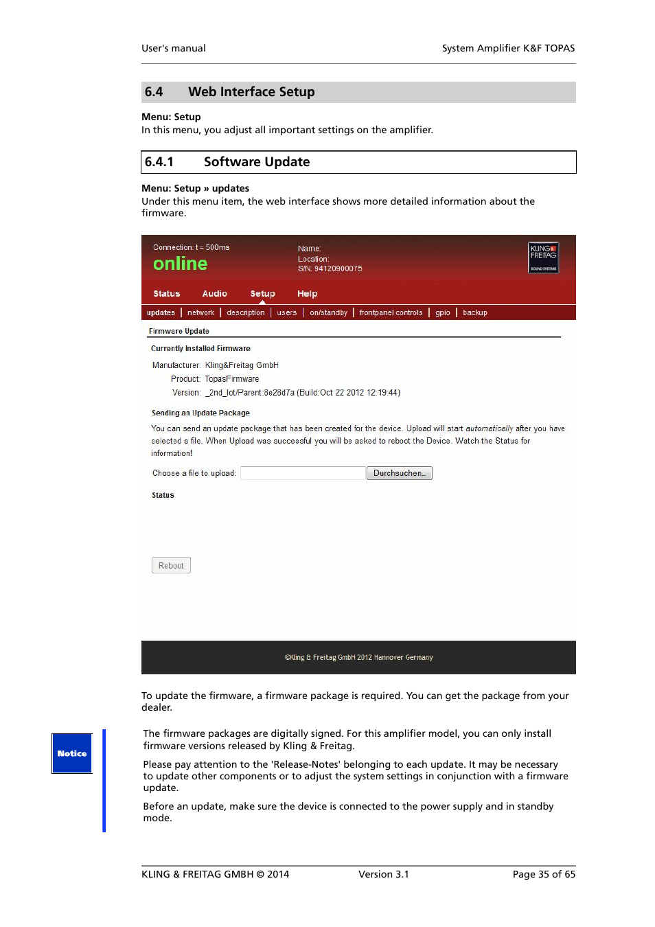 Web interface setup, Software update, 4 web interface setup | 1 software update | KLING & FREITAG K&F TOPAS User Manual | Page 35 / 65