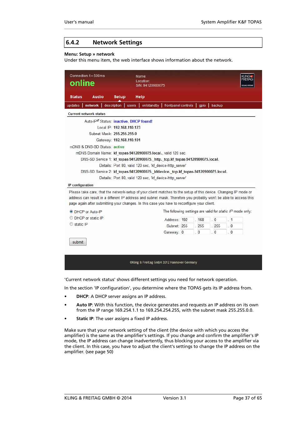 Network settings, 2 network settings | KLING & FREITAG K&F TOPAS User Manual | Page 37 / 65