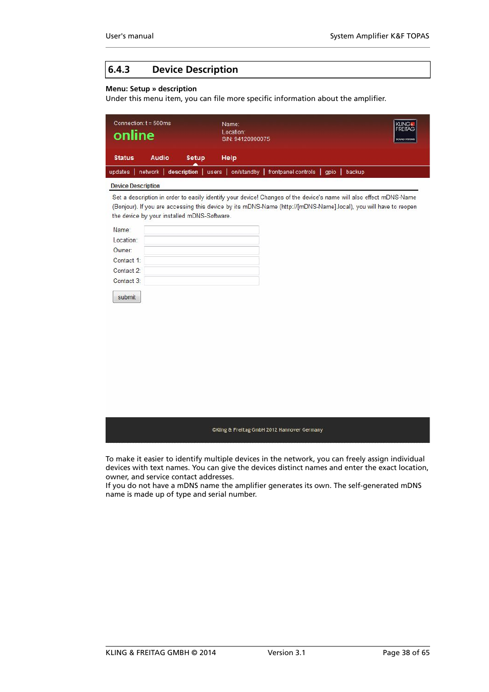 Device description, 3 device description | KLING & FREITAG K&F TOPAS User Manual | Page 38 / 65