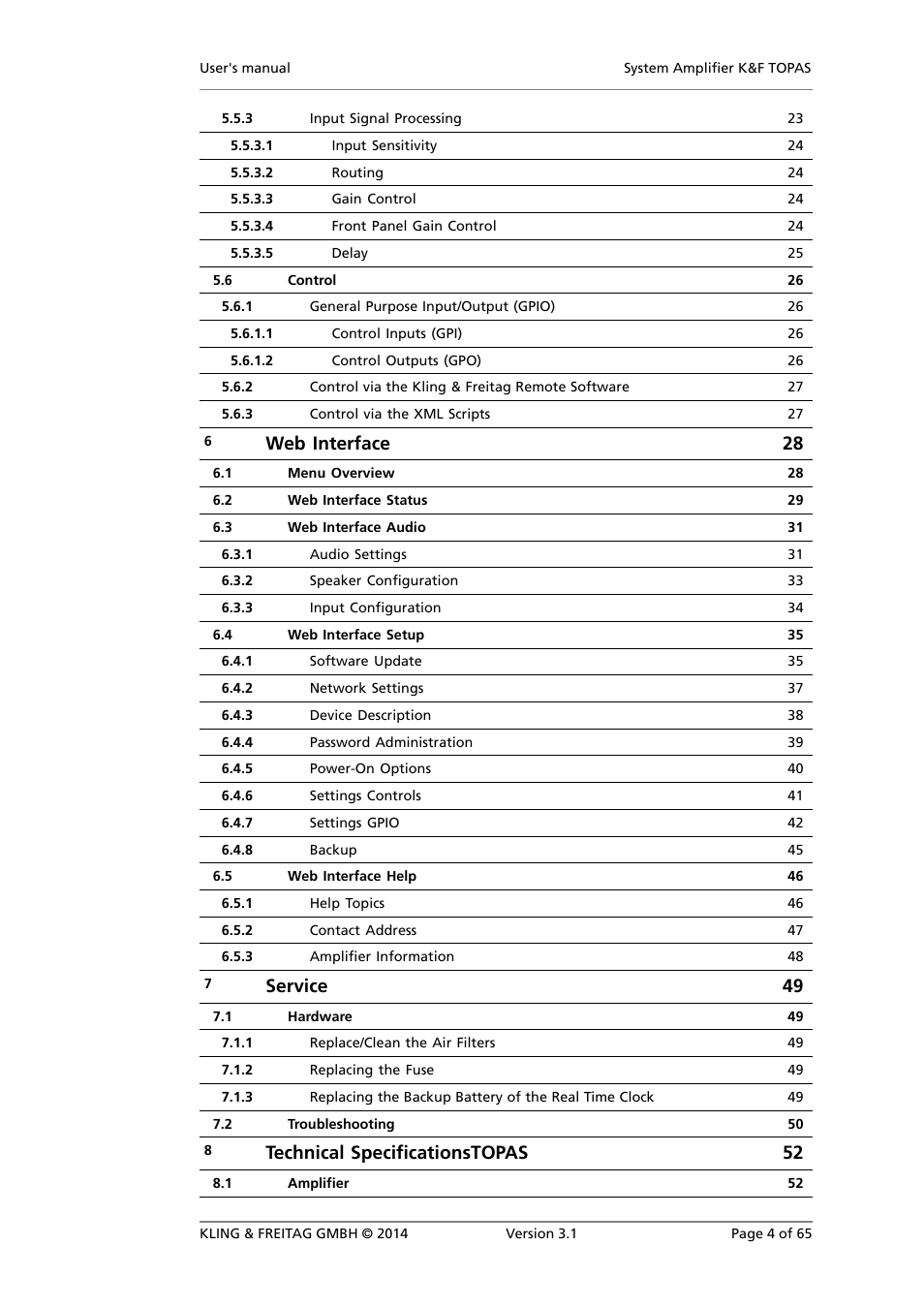 Web interface 28, Service 49, Technical specificationstopas 52 | KLING & FREITAG K&F TOPAS User Manual | Page 4 / 65
