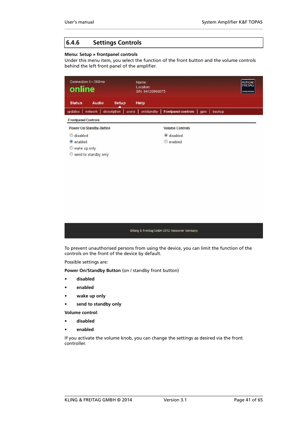 Settings controls, 6 settings controls | KLING & FREITAG K&F TOPAS User Manual | Page 41 / 65