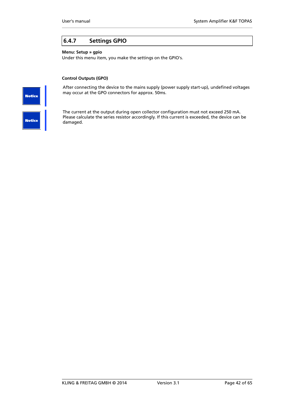 Settings gpio, 7 settings gpio | KLING & FREITAG K&F TOPAS User Manual | Page 42 / 65