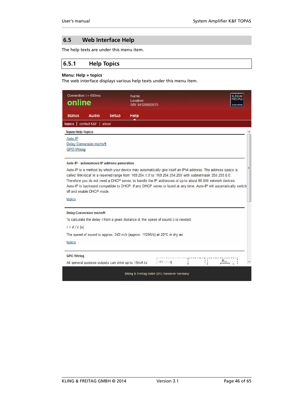 Web interface help, Help topics | KLING & FREITAG K&F TOPAS User Manual | Page 46 / 65