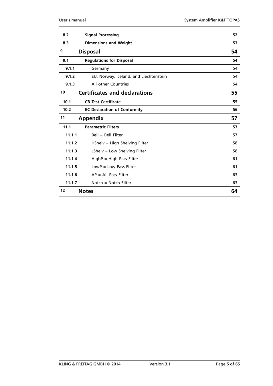 Disposal 54, Certificates and declarations 55, Appendix 57 | KLING & FREITAG K&F TOPAS User Manual | Page 5 / 65
