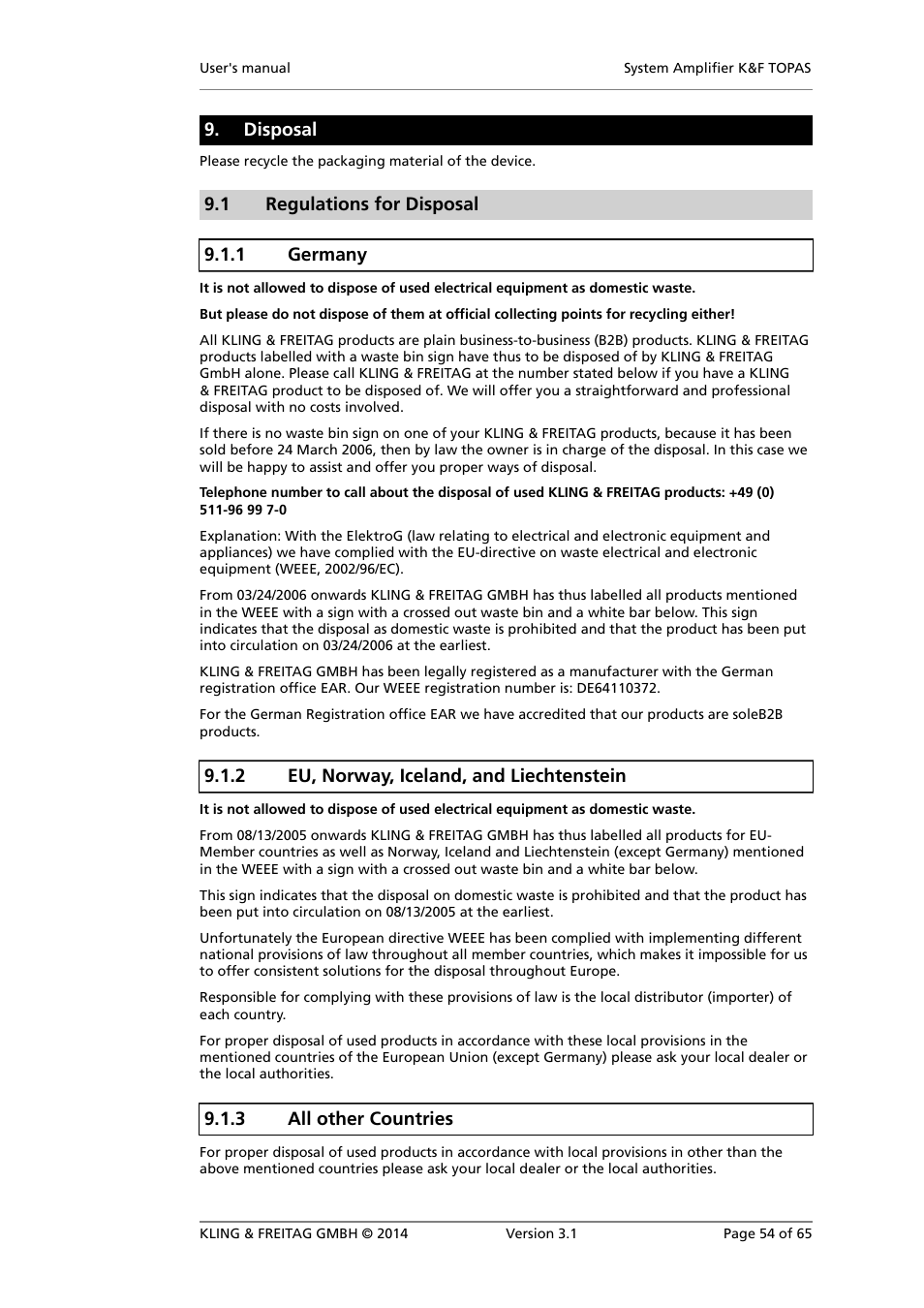 Disposal, Regulations for disposal, Germany | Eu, norway, iceland, and liechtenstein, All other countries | KLING & FREITAG K&F TOPAS User Manual | Page 54 / 65