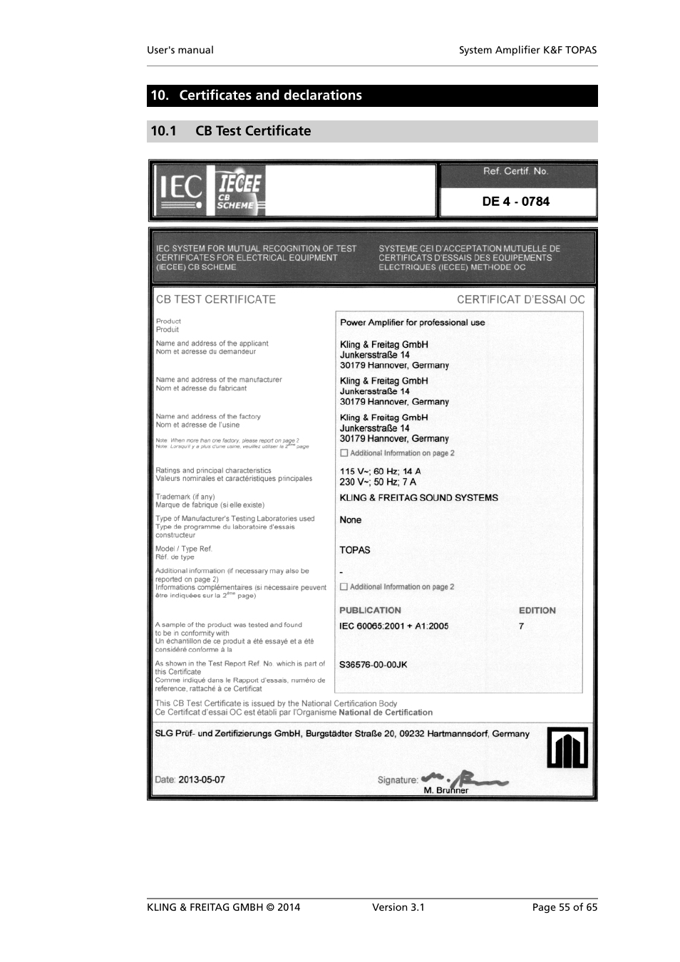 Certificates and declarations, Cb test certificate | KLING & FREITAG K&F TOPAS User Manual | Page 55 / 65