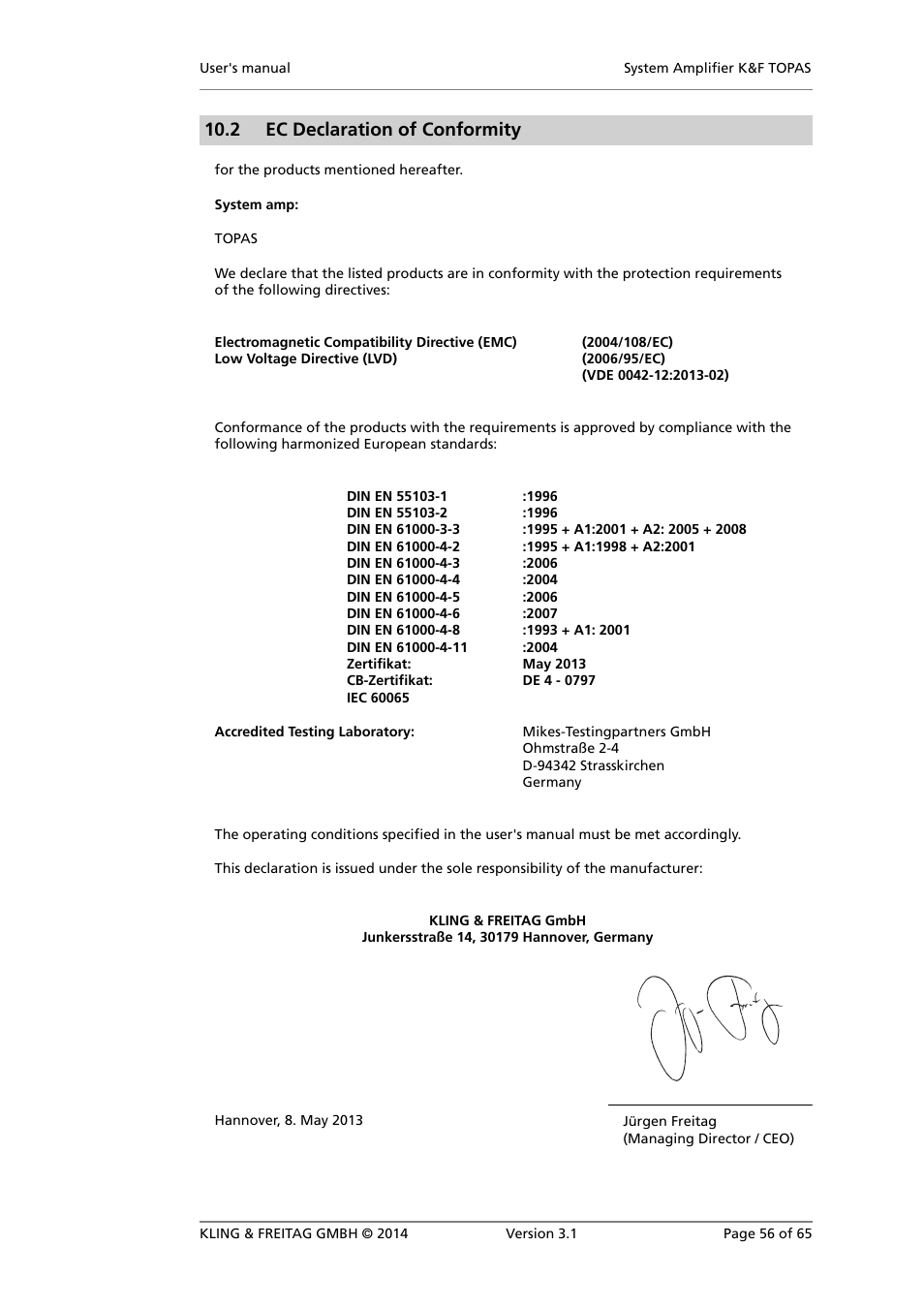 Ec declaration of conformity, 2 ec declaration of conformity | KLING & FREITAG K&F TOPAS User Manual | Page 56 / 65