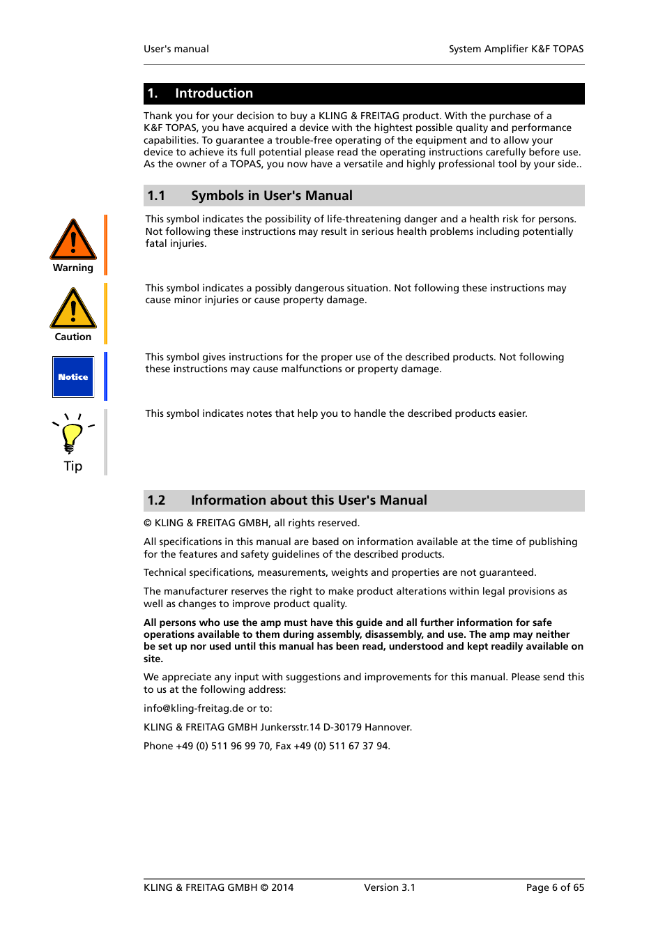 Introduction, Symbols in user's manual, Information about this user's manual | 1 symbols in user's manual, 2 information about this user's manual | KLING & FREITAG K&F TOPAS User Manual | Page 6 / 65