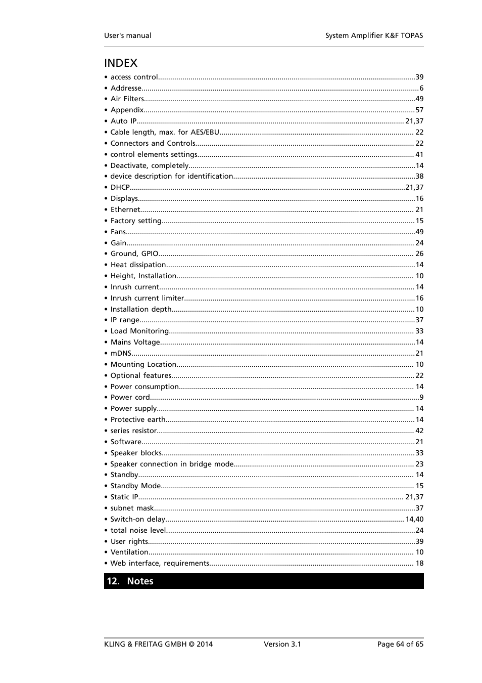 Notes, Index | KLING & FREITAG K&F TOPAS User Manual | Page 64 / 65