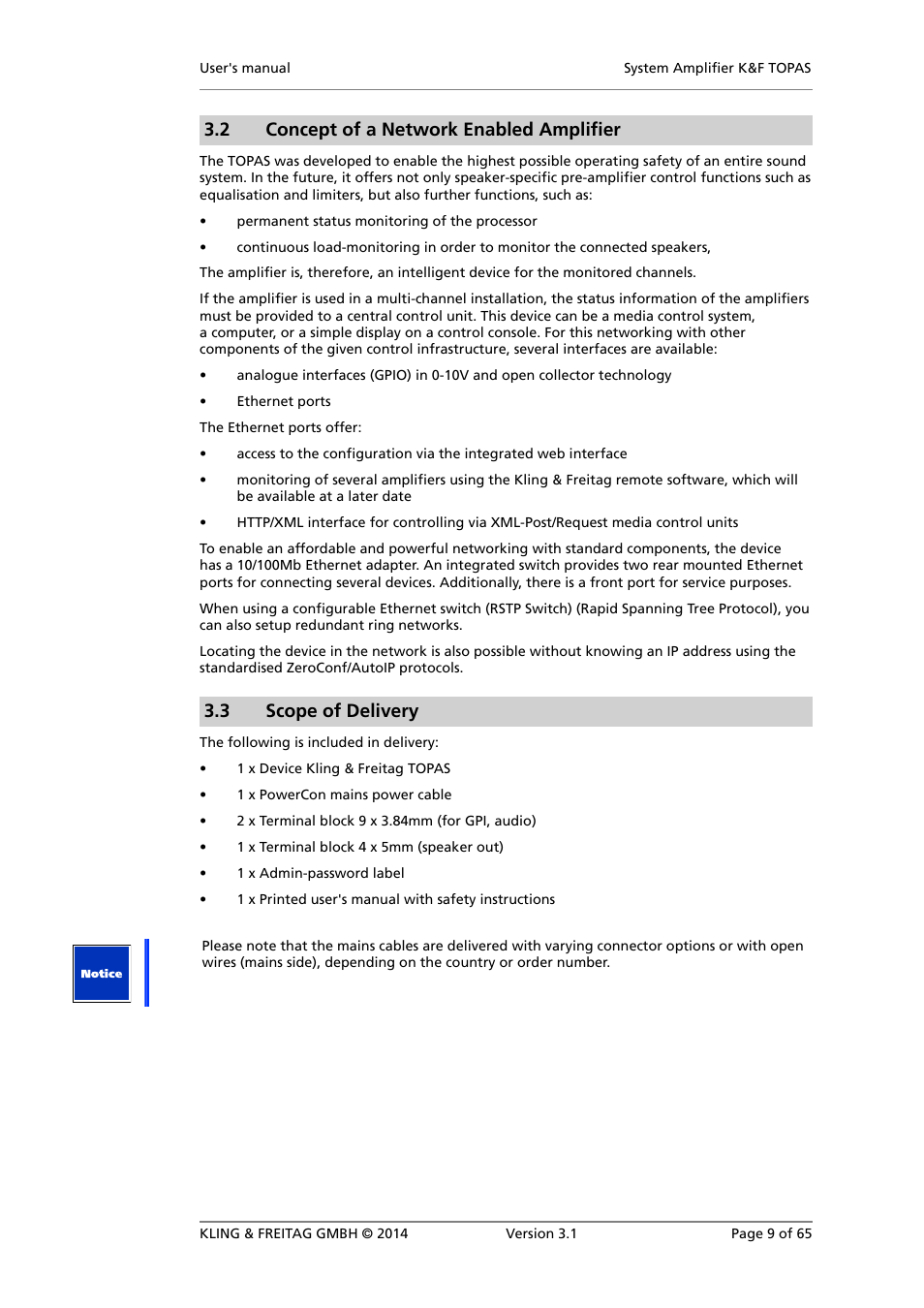 Scope of delivery, 2 concept of a network enabled amplifier, 3 scope of delivery | KLING & FREITAG K&F TOPAS User Manual | Page 9 / 65