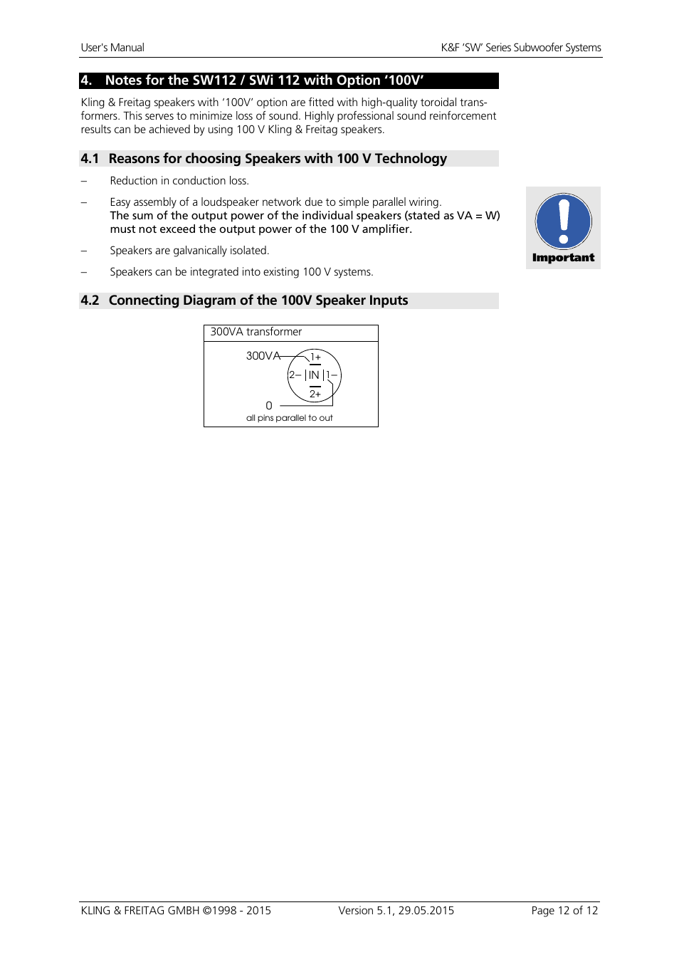 2 connecting diagram of the 100v speaker inputs | KLING & FREITAG K&F SWi 118E User Manual | Page 12 / 45