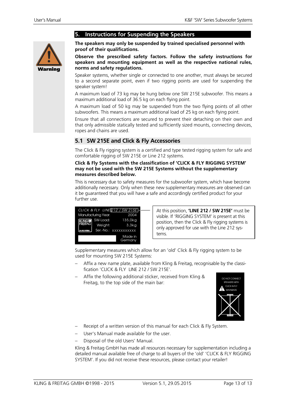 Instructions for suspending the speakers, 1 sw 215e and click & fly accessories | KLING & FREITAG K&F SWi 118E User Manual | Page 13 / 45