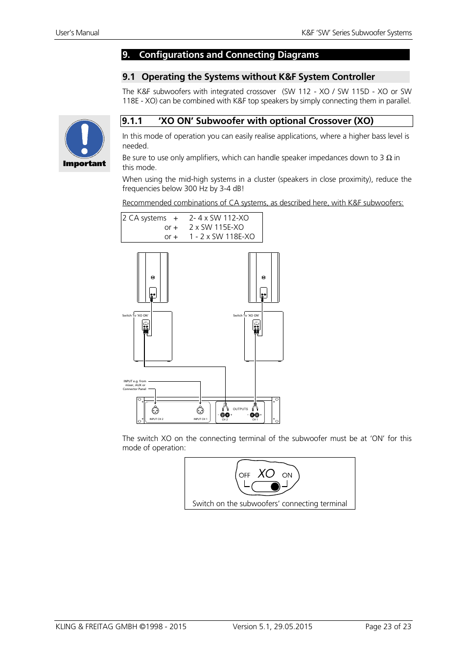 Configurations and connecting diagrams, 1 ‘xo on’ subwoofer with optional crossover (xo) | KLING & FREITAG K&F SWi 118E User Manual | Page 23 / 45