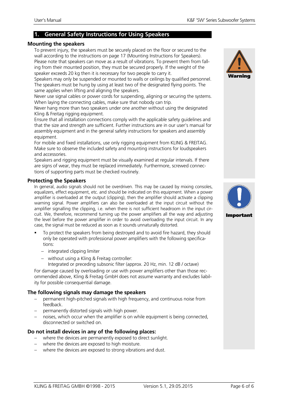 General safety instructions for using speakers | KLING & FREITAG K&F SWi 118E User Manual | Page 6 / 45