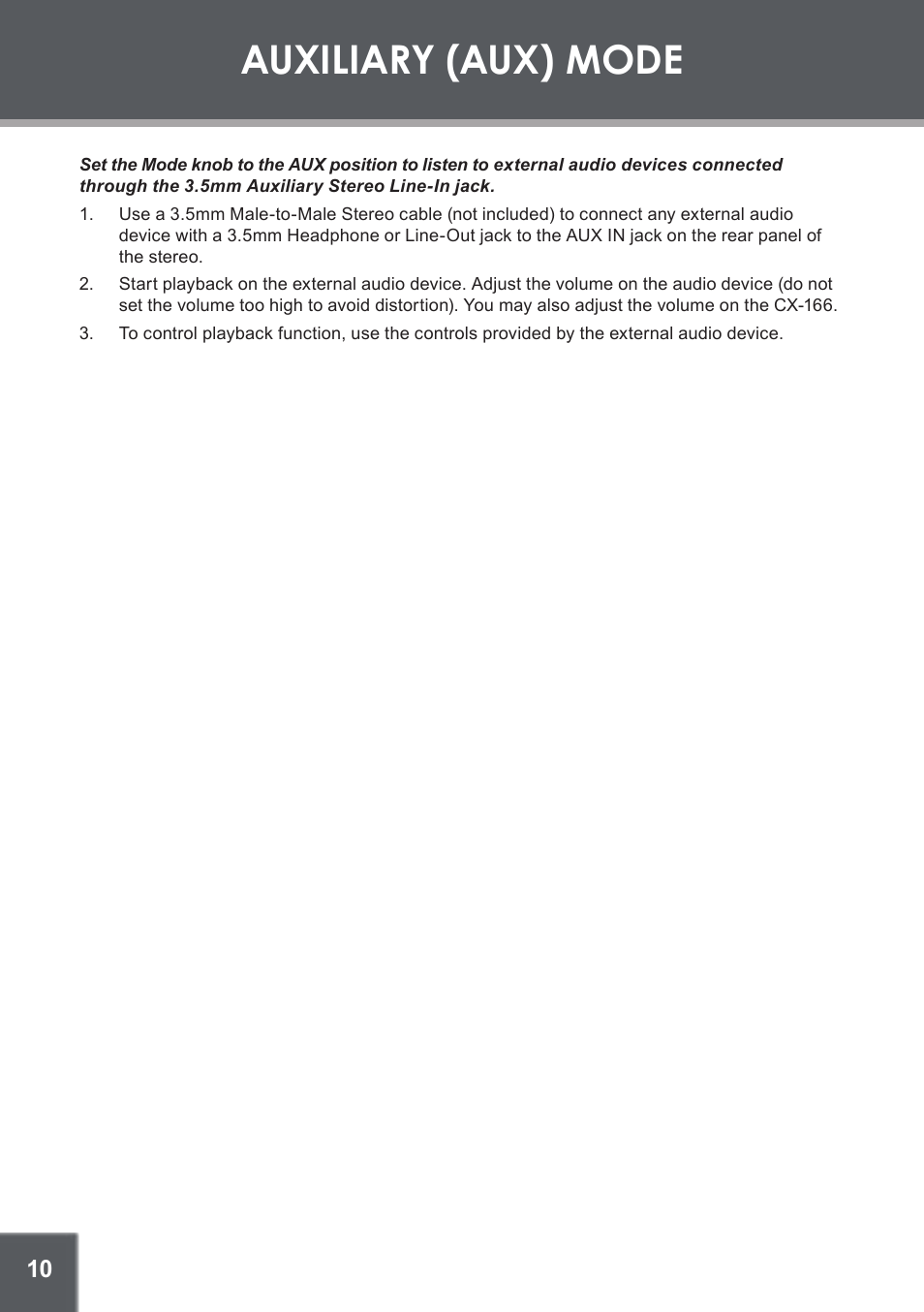 Auxiliary (aux) mode | COBY electronic CX-166 User Manual | Page 10 / 16