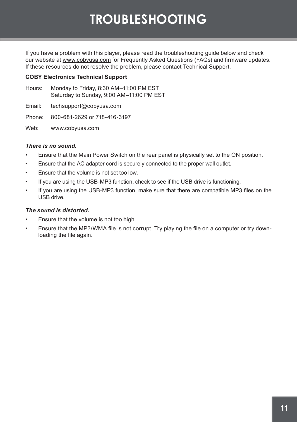 Troubleshooting | COBY electronic CX-166 User Manual | Page 11 / 16