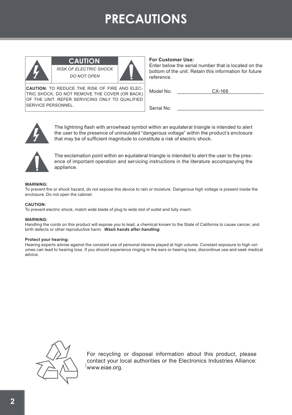 Precautions, Caution | COBY electronic CX-166 User Manual | Page 2 / 16