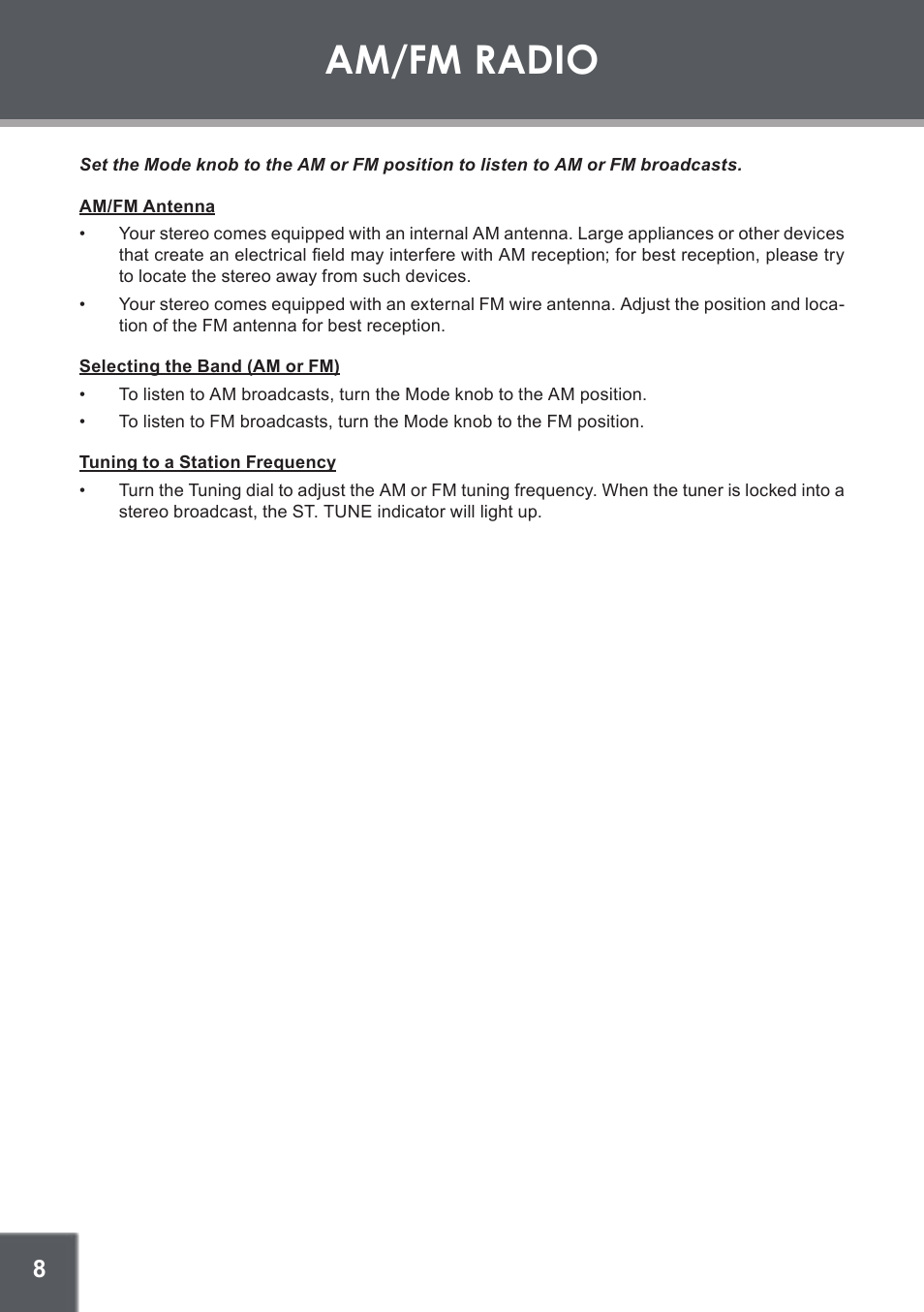 Am/fm radio, Am/fm antenna, Selecting the band (am or fm) | Tuning to a station frequency | COBY electronic CX-166 User Manual | Page 8 / 16