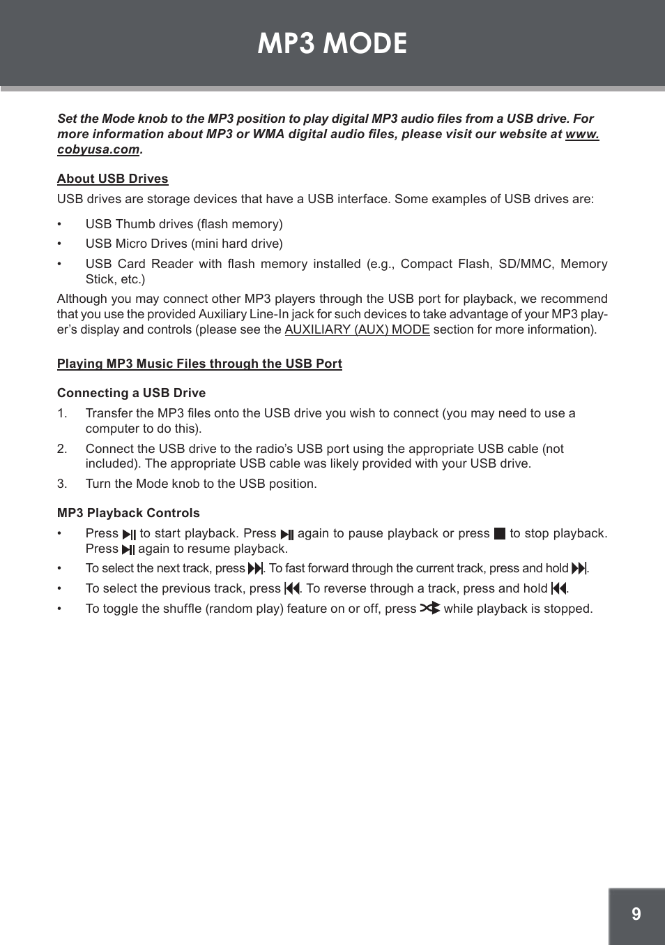 Mp3 mode, About usb drives, Playing mp3 music files through the usb port | Connecting a usb drive, Mp3 playback controls | COBY electronic CX-166 User Manual | Page 9 / 16