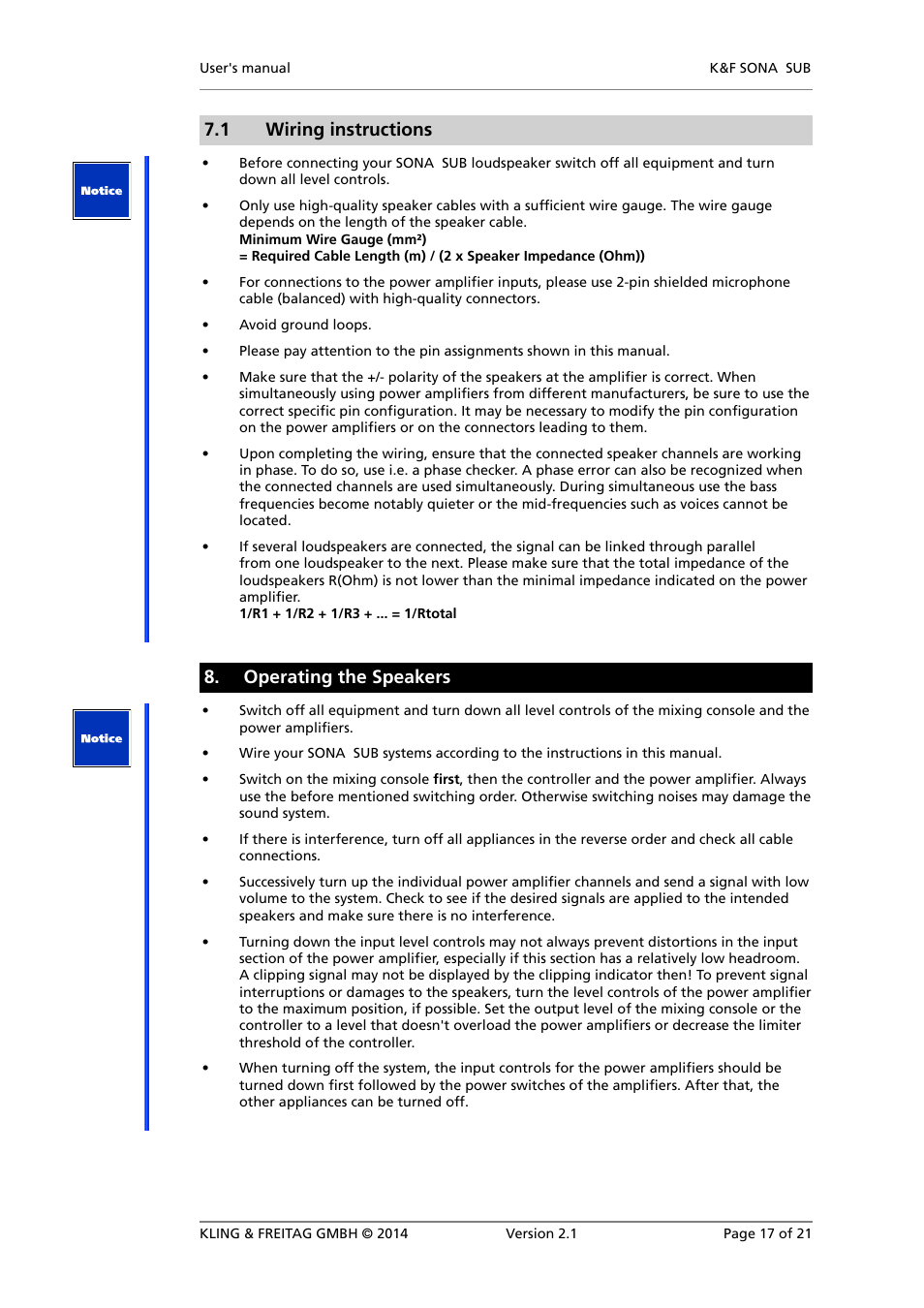 Operating the speakers, 1 wiring instructions | KLING & FREITAG K&F SONA SUB User Manual | Page 17 / 21