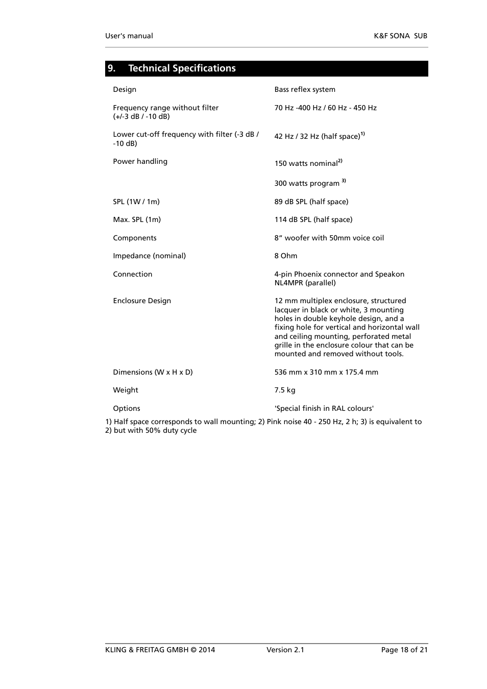 Technical specifications | KLING & FREITAG K&F SONA SUB User Manual | Page 18 / 21