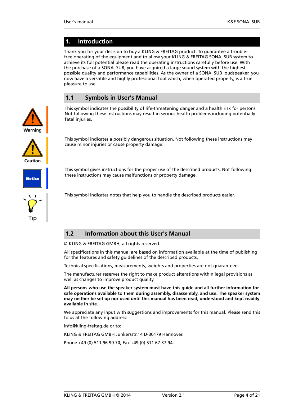 Introduction, Symbols in user's manual, Information about this user's manual | 1 symbols in user's manual, 2 information about this user's manual | KLING & FREITAG K&F SONA SUB User Manual | Page 4 / 21