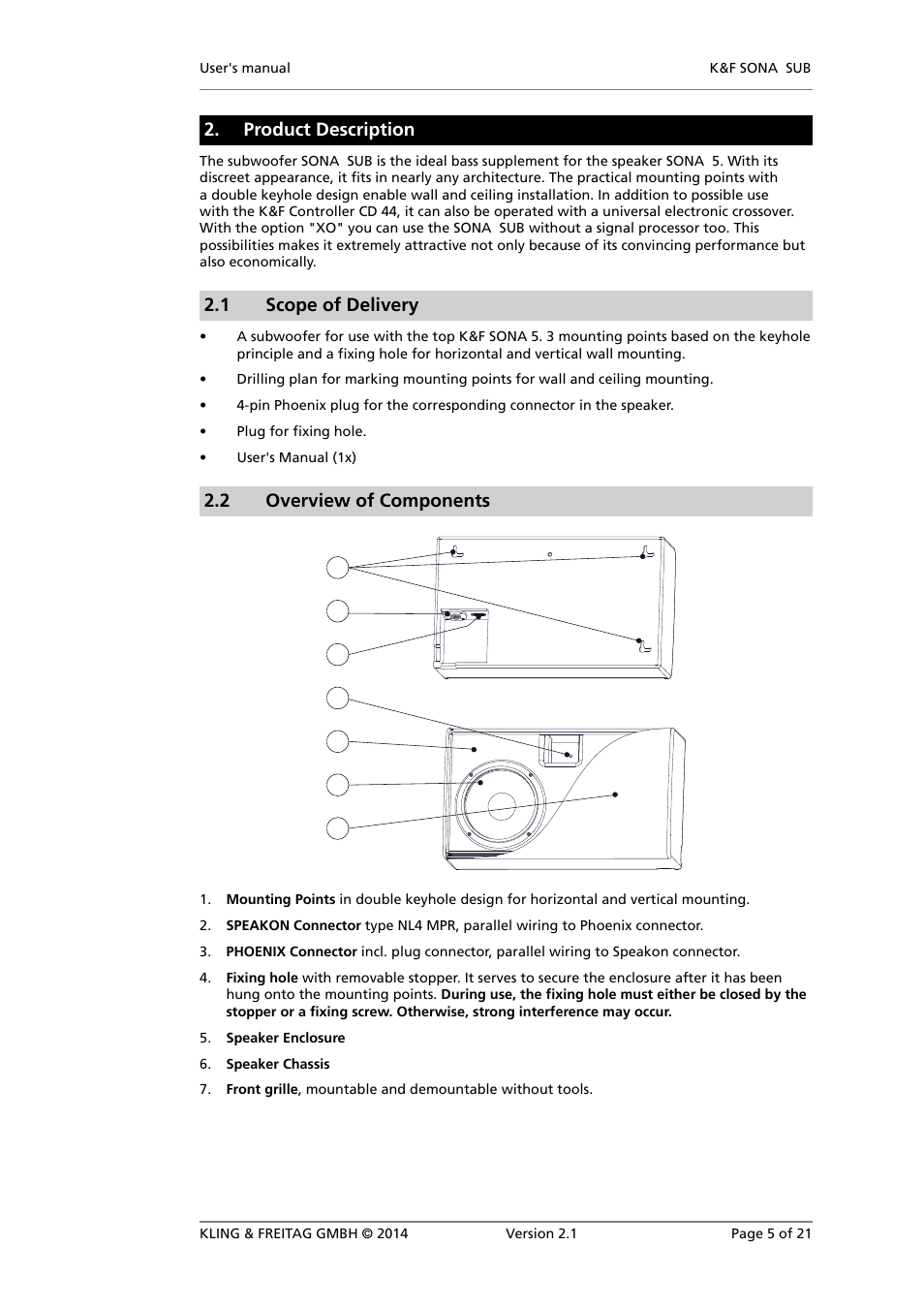 Product description, Scope of delivery, Overview of components | 1 scope of delivery, 2 overview of components | KLING & FREITAG K&F SONA SUB User Manual | Page 5 / 21
