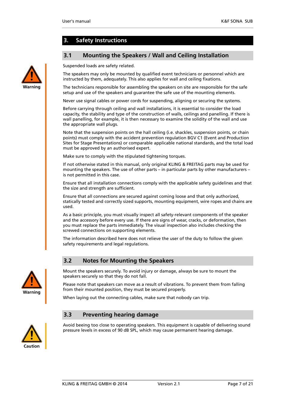 Safety instructions, Notes for mounting the speakers, Preventing hearing damage | Protecting the speakers / operating safety, 3 preventing hearing damage | KLING & FREITAG K&F SONA SUB User Manual | Page 7 / 21