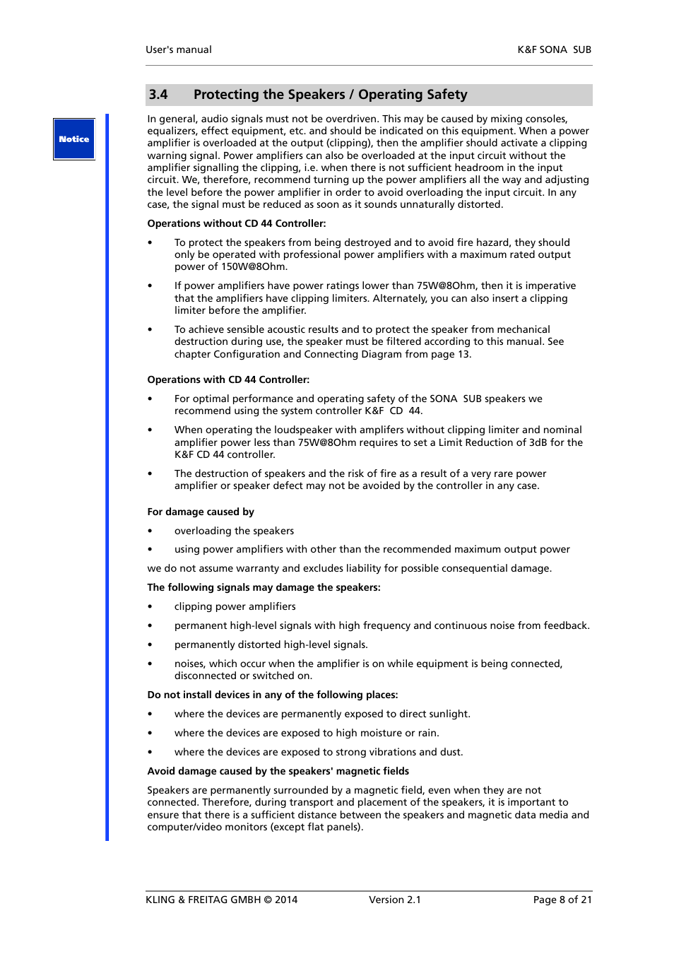 4 protecting the speakers / operating safety | KLING & FREITAG K&F SONA SUB User Manual | Page 8 / 21