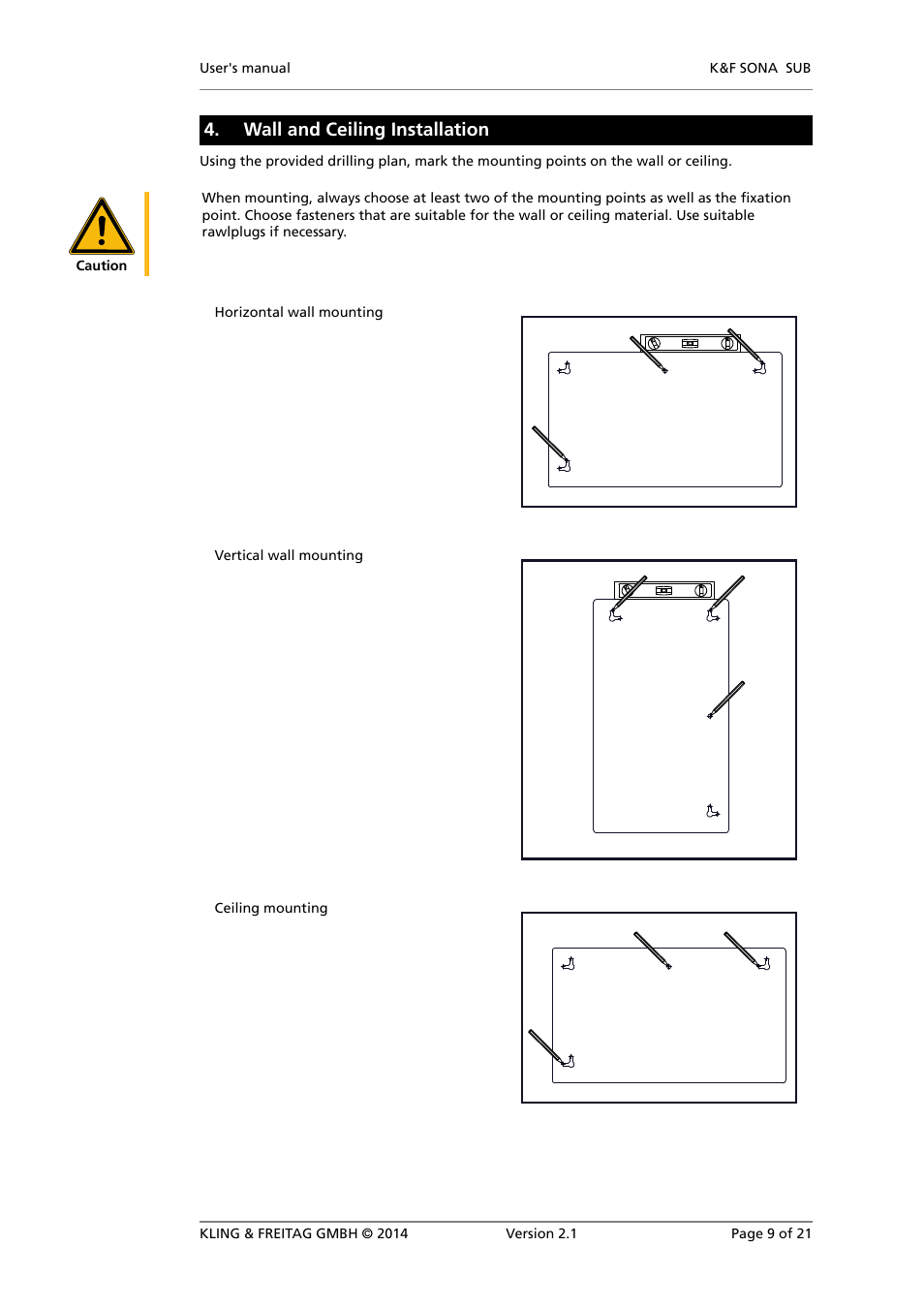 Wall and ceiling installation | KLING & FREITAG K&F SONA SUB User Manual | Page 9 / 21