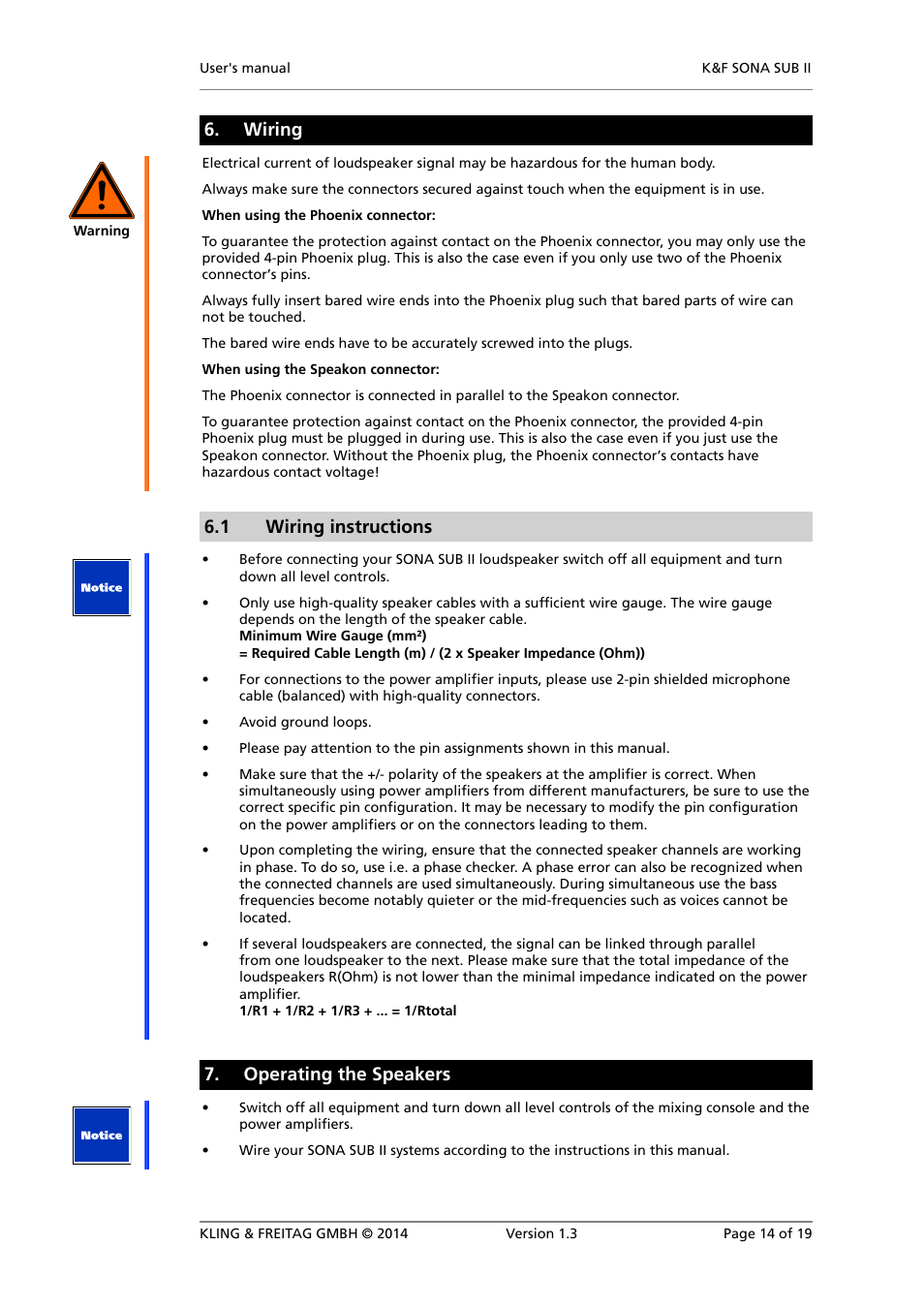 Wiring, Wiring instructions, Operating the speakers | 1 wiring instructions | KLING & FREITAG K&F SONA SUB II User Manual | Page 14 / 19