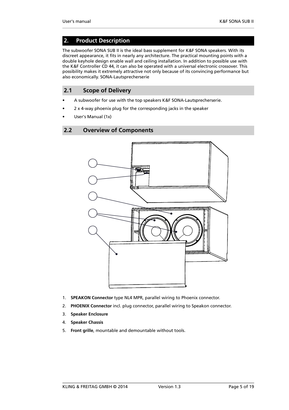 Product description, Scope of delivery, Overview of components | 1 scope of delivery, 2 overview of components | KLING & FREITAG K&F SONA SUB II User Manual | Page 5 / 19