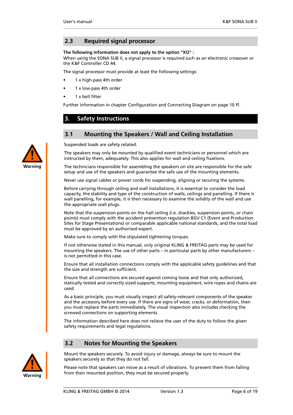 Required signal processor, Safety instructions, Notes for mounting the speakers | 3 required signal processor | KLING & FREITAG K&F SONA SUB II User Manual | Page 6 / 19