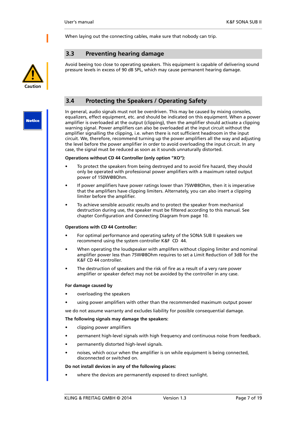 Preventing hearing damage, Protecting the speakers / operating safety, 3 preventing hearing damage | 4 protecting the speakers / operating safety | KLING & FREITAG K&F SONA SUB II User Manual | Page 7 / 19