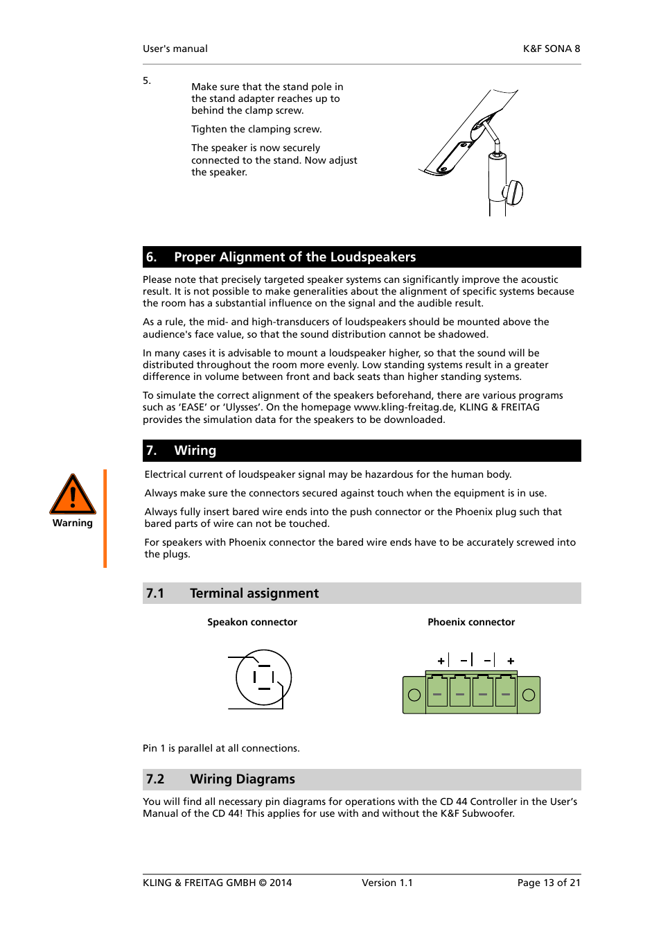 Proper alignment of the loudspeakers, Wiring, Terminal assignment | Wiring diagrams, Wiring instructions, 1 terminal assignment, 2 wiring diagrams | KLING & FREITAG K&F SONA 8 User Manual | Page 13 / 21