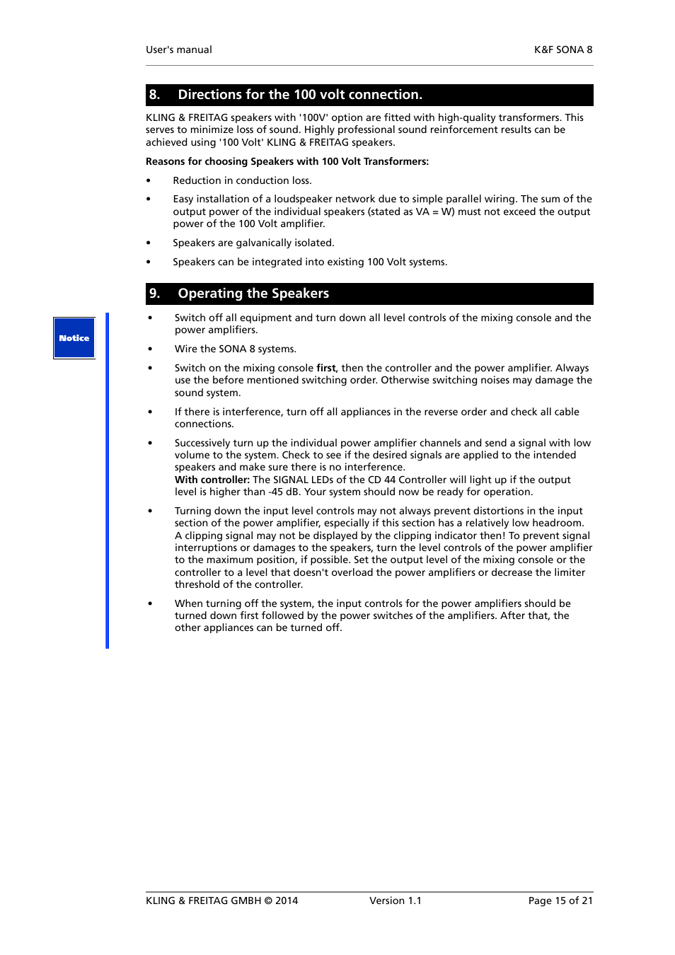Directions for the 100 volt connection, Operating the speakers | KLING & FREITAG K&F SONA 8 User Manual | Page 15 / 21
